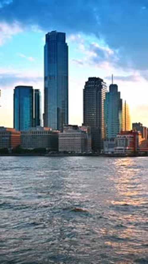 High-rises in the skyline of New York at sunset.