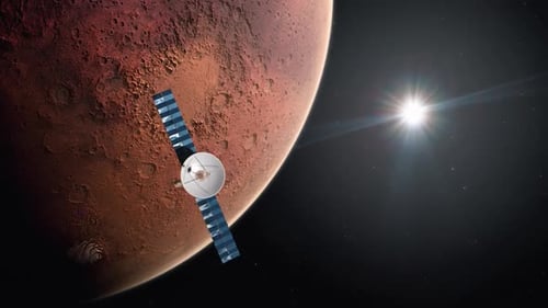 Space Probe Approaches Mars Planet with Radiant Sun