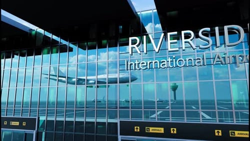 Flugzeuglandung in Riverside, USA, Ankunft in der Stadt mit Spiegelung des Flughafens und des Flugzeugs