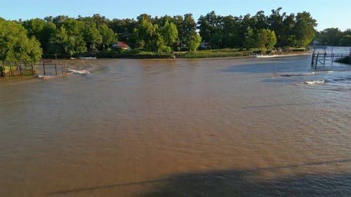 Drone fliying by River and Nature Forest