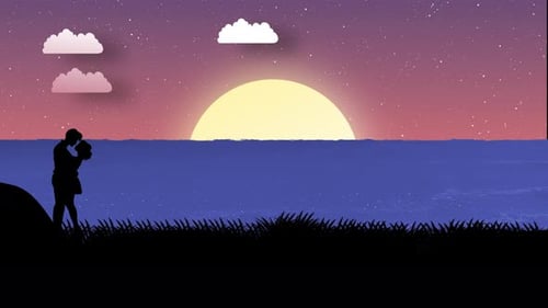 Romantic Silhouette Couple Hug Animation And Standing At Sea View , Silhouette Romantic Couple Love