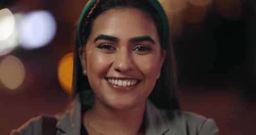 Face, smile and business woman in city at night, bokeh and working outdoor