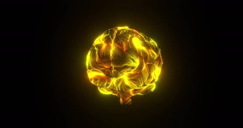 Geneigte Ansicht des orangegelben Gehirns mit künstlicher Intelligenz und Energiefluss