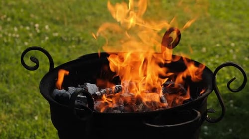 A Burning Fire Flame in a Round Grill Preparation for Outdoor Cooking in the Meadow Slow Motion