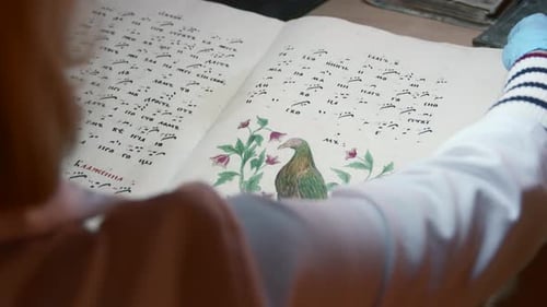 Un experto analiza las exhibiciones del museo, incluidos libros enormes con anales