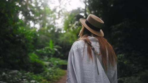 Carefree Blonde Woman in Straw Hat Admire View Mountain Waterfall in Wild Nature Girl Tourist in