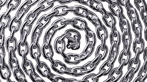 cycled 3d animation of spiraling silver chain isolated on white background