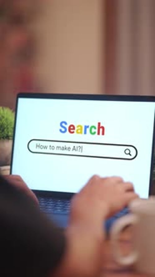 VERTICAL VIDEO OF MAN SEARCHING HOW TO MAKE AI? ON INTERNET
