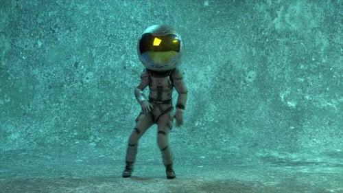Tanzender Astronaut mit einem großen runden Helm auf dem Kopf