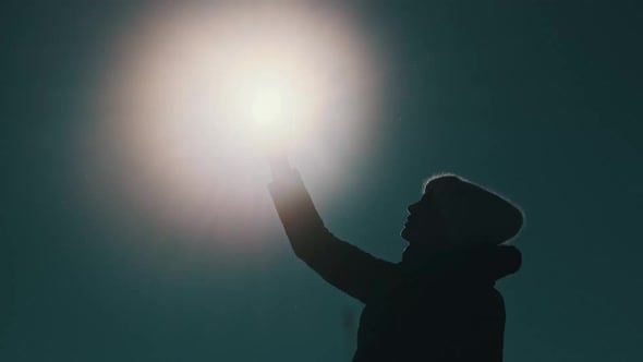 Poor Mobile Network Signal Woman Against Sun Raises Hand with Phone in ...