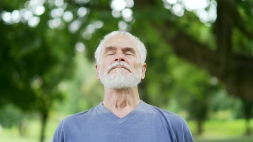 Portrait of senior active gray haired bearded man relaxing with closed eyes standing in park. Sporty