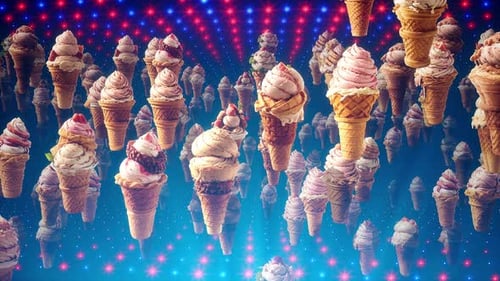 Floating Ice Cream Cones on Blue Sparkling Background