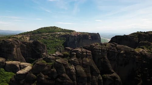 Aerial view of beautiful rock formation in Meteora valley, Trikala Greece.