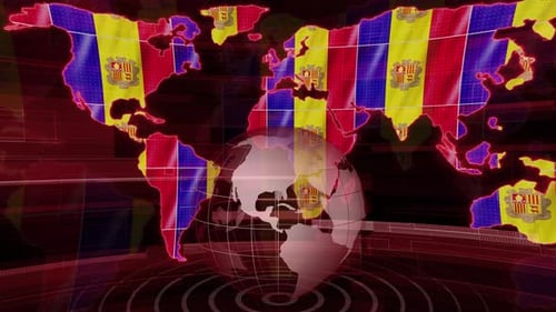 Futuristic Andorra Flag World Map and Spinning Globe Broadcast