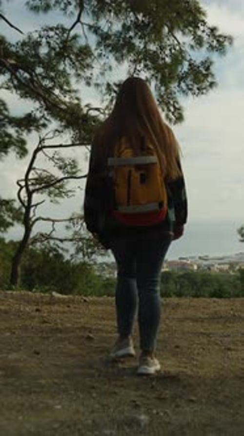 Vertical video. Traveler, a Solitary Young Woman in the High Mountain Forests by the Sea.