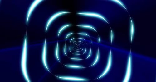 Tunnel of blue glowing bright neon squares. Abstract background. Screensaver, video in high quality