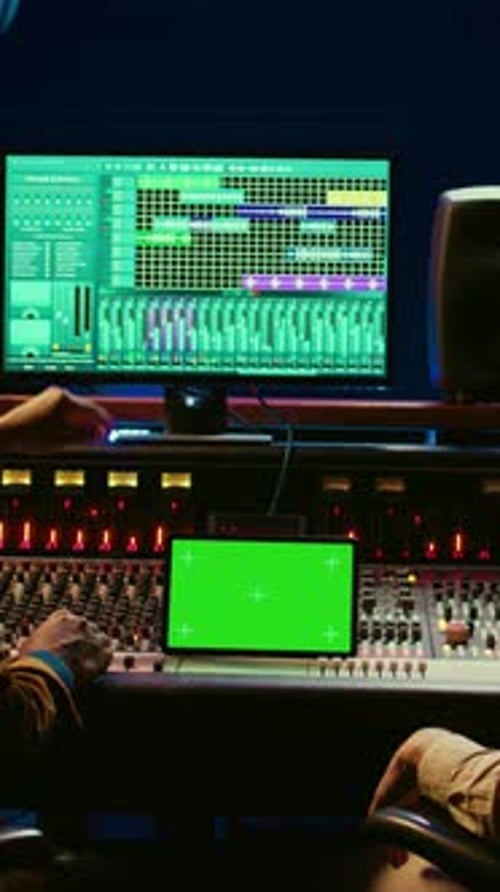 Vertikales Video: Professioneller Toningenieur und Musiker mischen Tracks neben einem isolierten Display