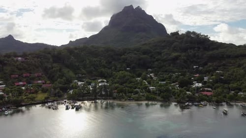Bora Bora aerial rotates over picturesque tropical south seas island