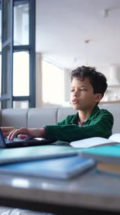Smart Cute African American Teenage Boy Studying with Laptop at Home