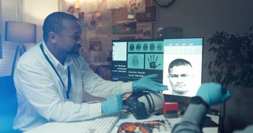 Men, officer and talking with computer screen in office of investigation
