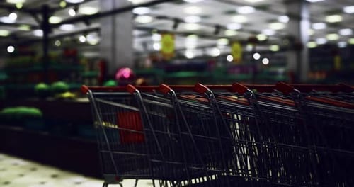 Shopping Carts Lined Up in a Grocery Store During Evening Hours