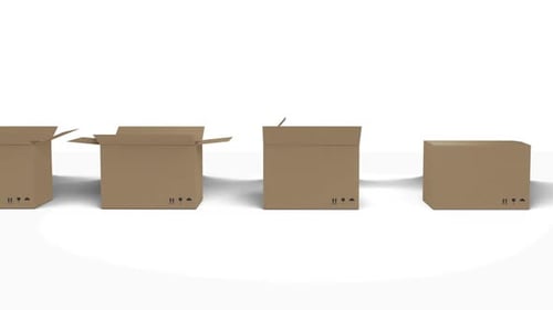 Seamless row of brown cardboard boxes with lids closing on white background