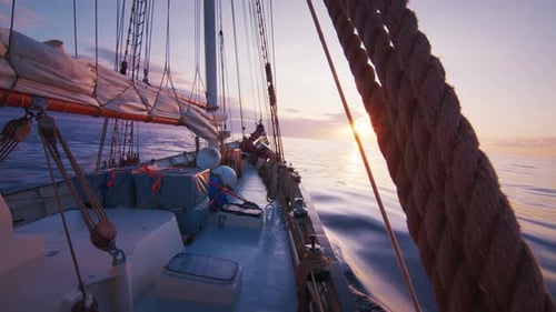 Sailing Vessel Moves in the Calm Glassy Open Sea with Sun Rising on the Horizon