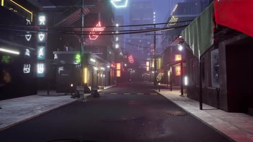 Urban Night Alley With Neon Lights And Futuristic Decorations 4K