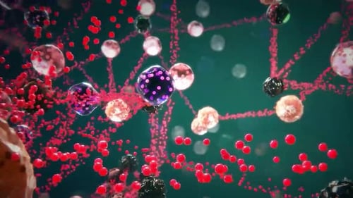 Vibrant molecular structure with red particles and glowing orbs