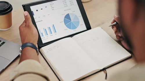 Tablet screen, graphs and planning hands of man for statistics, charts or data analytics
