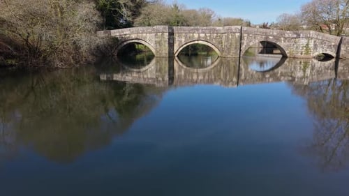 Historical Stone Bridge Over The Xallas River - Brandomil Roman Bridge In Zas, Galicia, Spain. Aeria