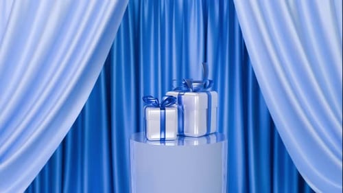 Elegant Shiny Blue Gift Boxes Appear on Podium for Celebration