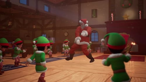 Santa Claus Dancing in a Festive Christmas Workshop with Elves Circling in Joyful New Year Party 1