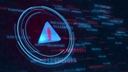 Futuristic Digital Warning Icon with Binary Code Background