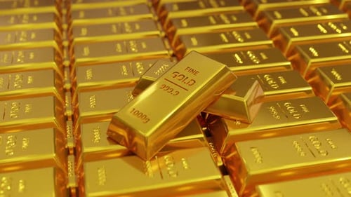 Golden Ingots Stacked: Rotating Gold Bars on Display