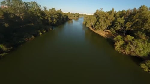 Aerial View of a Lush Riverside and Urban Skyline