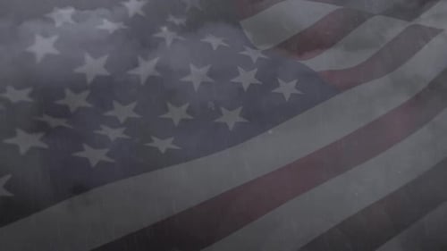 Digital animation of thunder storm and rain in night sky against waving american flag