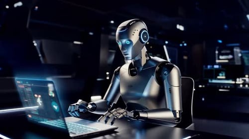 Robot humanoïde IA futuriste tapant sur un ordinateur portable dans un laboratoire technologique