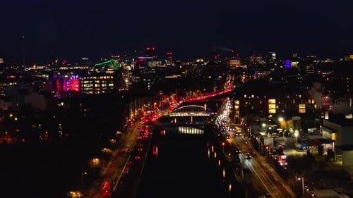 Cinematic Drone Footage flying over River Liffey at night - Co.Dublin - Ireland D_040