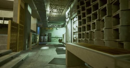 Deserted Industrial Passage Illuminated By Cold Green Light and Textured Walls