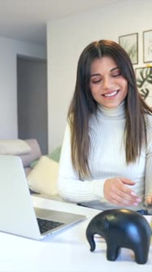 Businesswoman working with a computer on a work call, business, home office, telecommuting