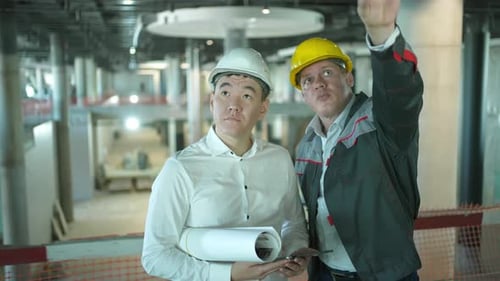 Architect Workers Checking Indoors Two Engineers Man Building Construction Site Drawing Blueprint