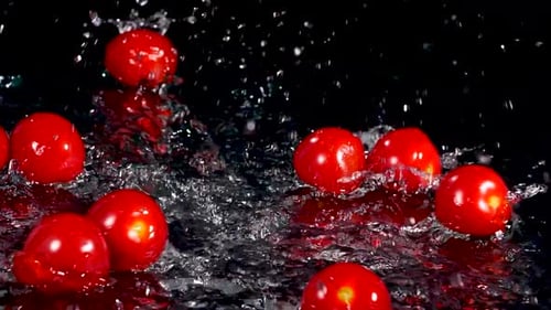 Tomaten fallen mit einem Spritzer ins Wasser und Blasen auf schwarzem Hintergrund