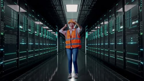 Full Body Of Asian Female Engineer Screaming Goal And Dancing Celebrating in Data Center