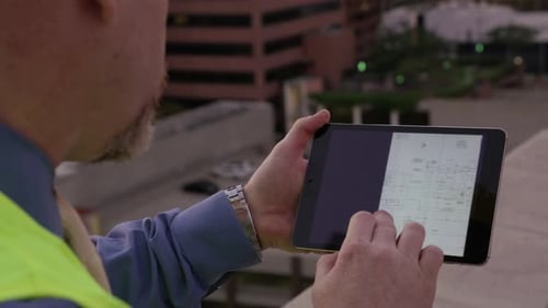 Bauleiter schaut sich Pläne auf digitalem Tablet an Architect