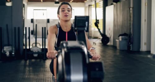 An attractive young sportswoman exercising using a rowing machine at the gym