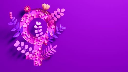 Vídeo en bucle del Día de la Mujer con un símbolo femenino con adornos florales sobre un fondo morado en 3D