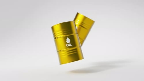 Deux barils de pétrole en métal doré flottent sur fond blanc, vue de face, concept de l'industrie pétrolière, rendu 3D