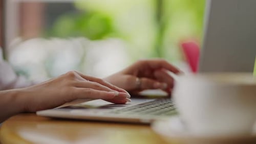 Businesswoman Typing Text On Laptop Keyboard And Using Touchpad Closeup View Of Hands