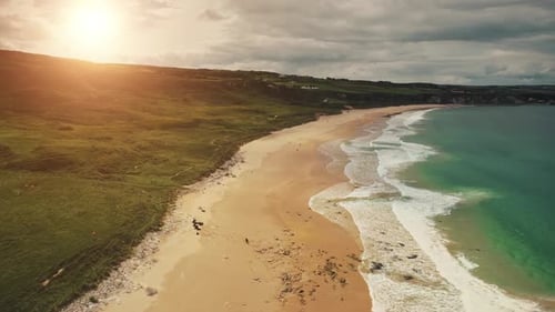 Aerial Coast Beach Sun Atlantic Ocean Northern Ireland Antrim County People Walking on Sandy White